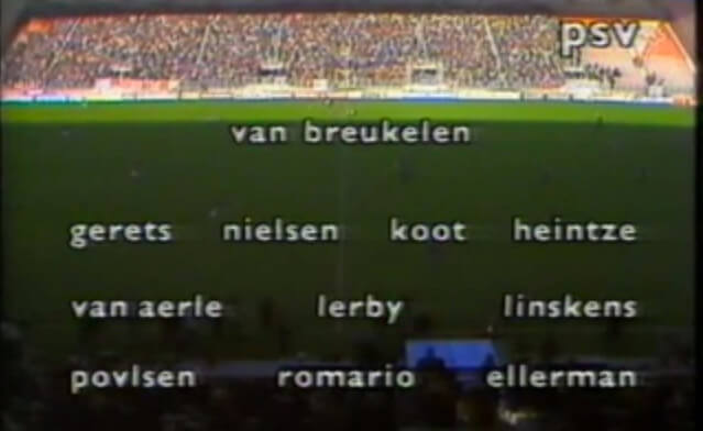 De opstelling van PSV in 1989 als het speelt tegen FC Utrecht. Foto: still uit beeldverslag