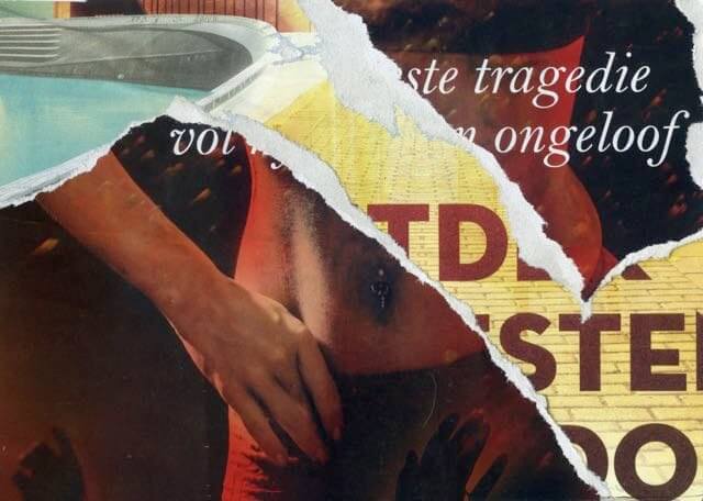Op de muur van Stan & Co plak ik de actuele affiches met behanglijm op de muur. In het midden van de foto hangt de poster van de Bakchanten van Aluin. Foto en collage: Frans de Jonge