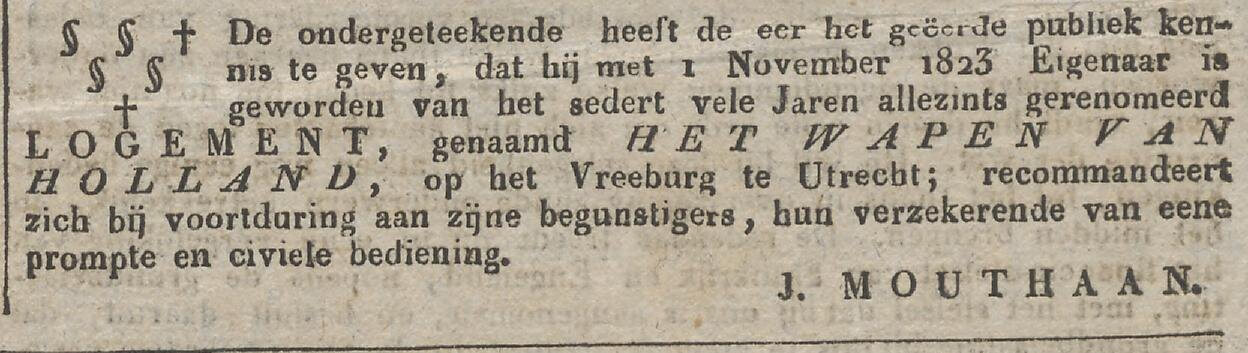 De aankondiging van Jan Mouthaan dat hij de nieuwe eigenaar is per 1 november 1823.