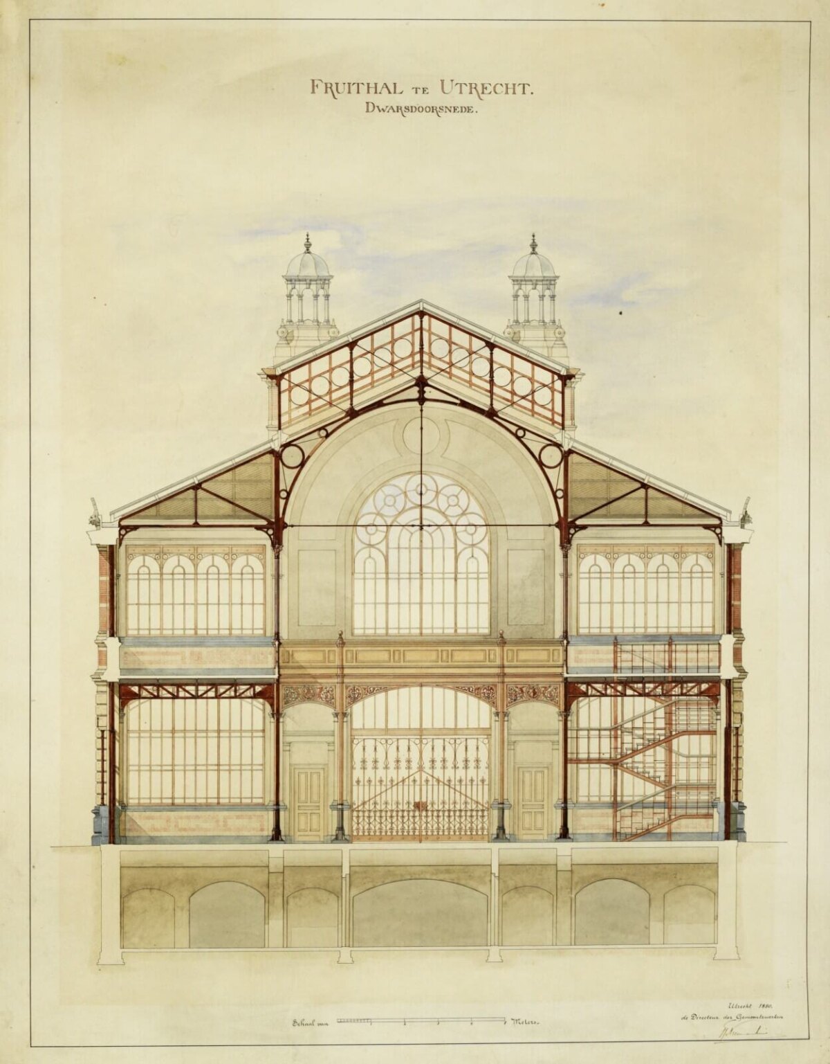Ontwerptekening van de heer F.J. Nieuwenhuis voor de nieuwe Fruithal. De eronder getekende kelders waren voor een groot deel nog gefatsoeneerde overblijfselen van het kasteel Vredenburg. (HUA216854)