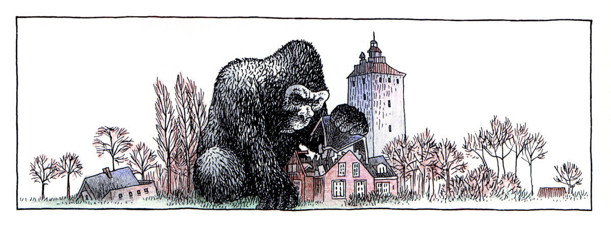 Het monster King Kong in Leidsche Rijn, net als in de film uit 1933 op zoek naar Fay Wray, de vrouw van zijn dromen. Tekening: Niels Bongers