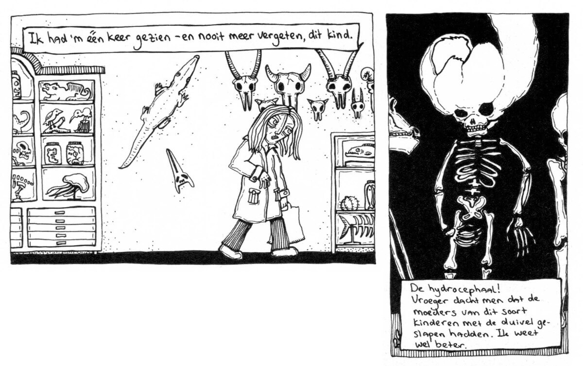 De Hydrocephaal in het Universiteitsmuseum. Tekening: Merel Barends
