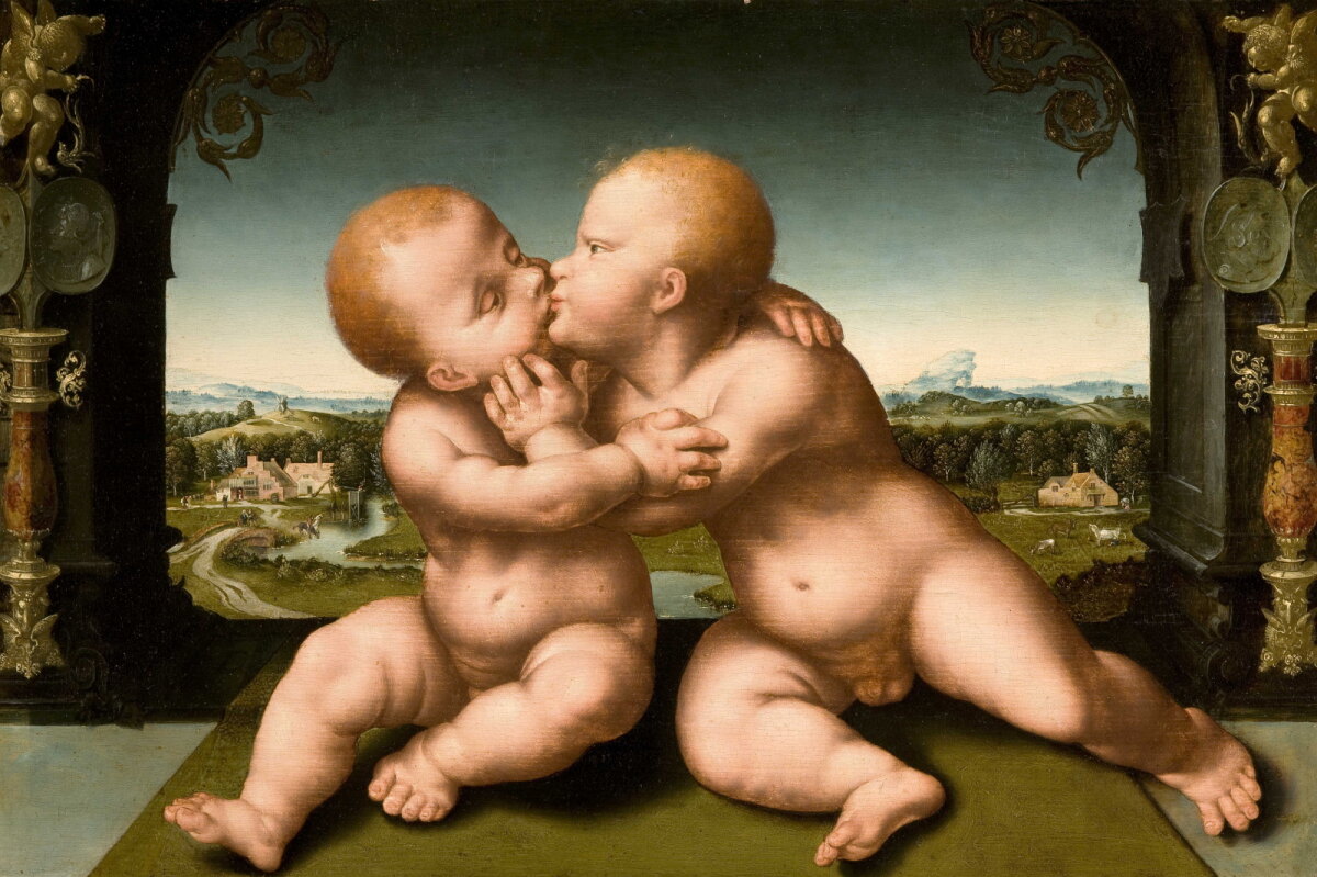Christus en Johannes de Doper als kinderen. schilderij uit atelier Joos van Cleve 16e eeuw