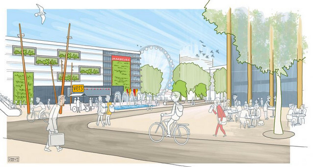 Een vrolijk toekomstbeeld van het Jaarbeursplein. Illustratie CU2030-R. van der Heide