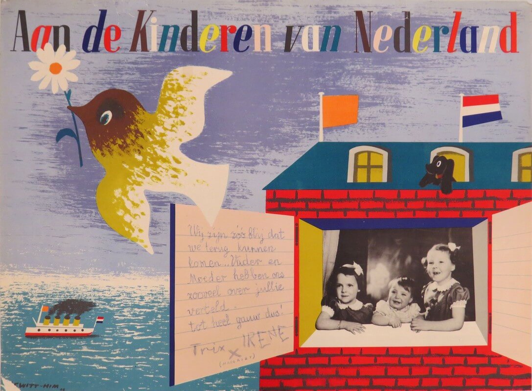 Een poster uit de Tweede Wereldoorlog waarin de terugkomst van de prinsesjes wordt aangekondigd. Foto: HUA