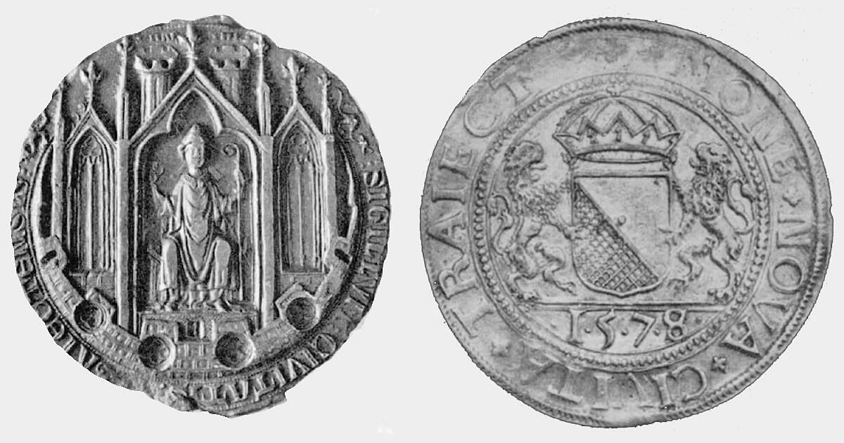 Het eerste zegel met Sint Maarten (circa 1220) en de Leeuwendaalder uit 1578; beide te zien in het Centraal Museum. Foto: Centraal Museum