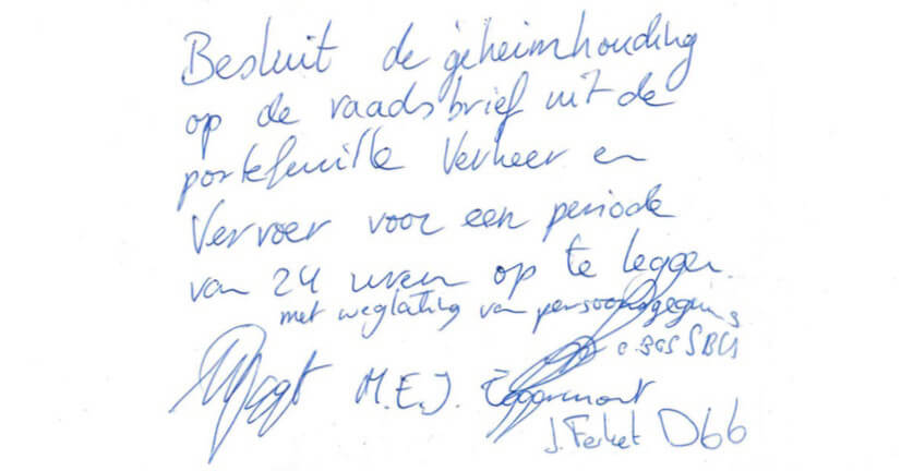 Deel van het aangenomen amendement. Na 24 uur werd de raadsbrief openbaar