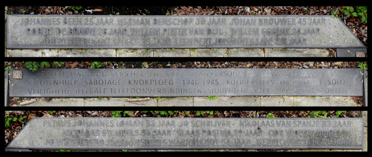 De drie delen van het granieten lint rond het monument.