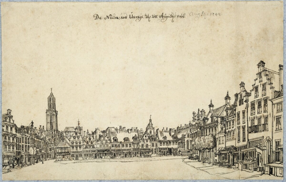 De Neude door Jan de Beijer in augustus 1744. Tekening uit collectie Het Utrechts Archief
