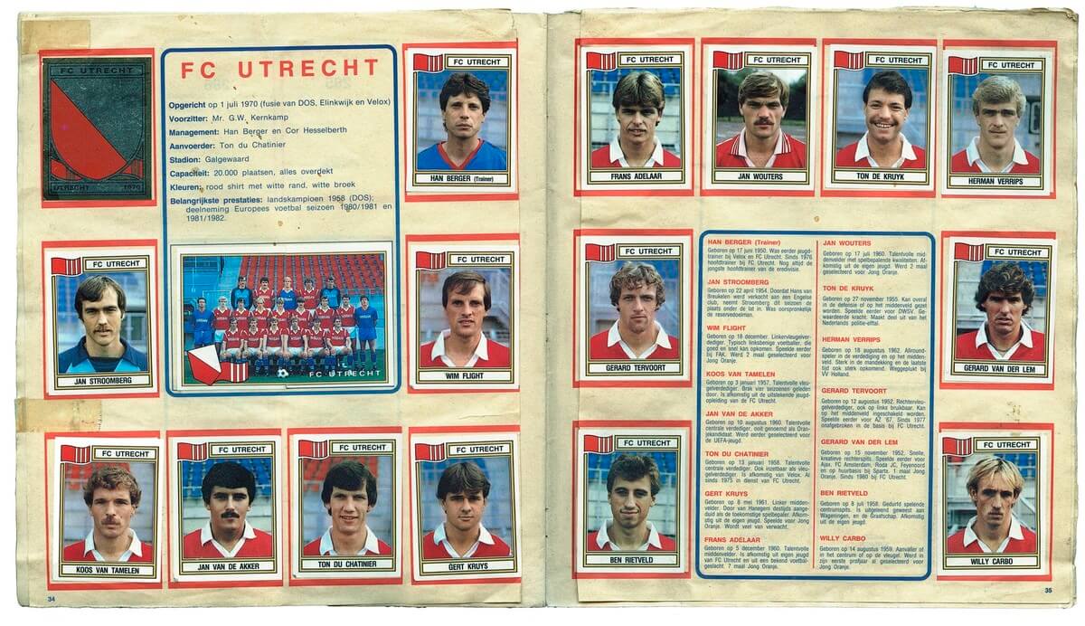 FC Utrecht-plaatjesboek van spelers in de jaren tachtig. Foto uit 40 jaar FC Utrecht