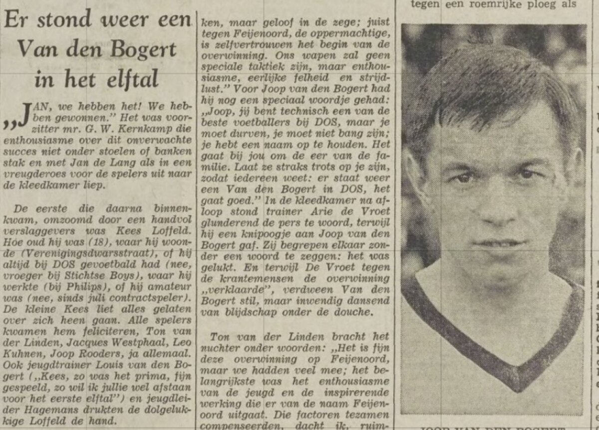 Verslag in het Utrechts Nieuwsblad na de 3-1 winst van DOS op Feyenoord in 1965. Op de foto: Joop van den Bogert.