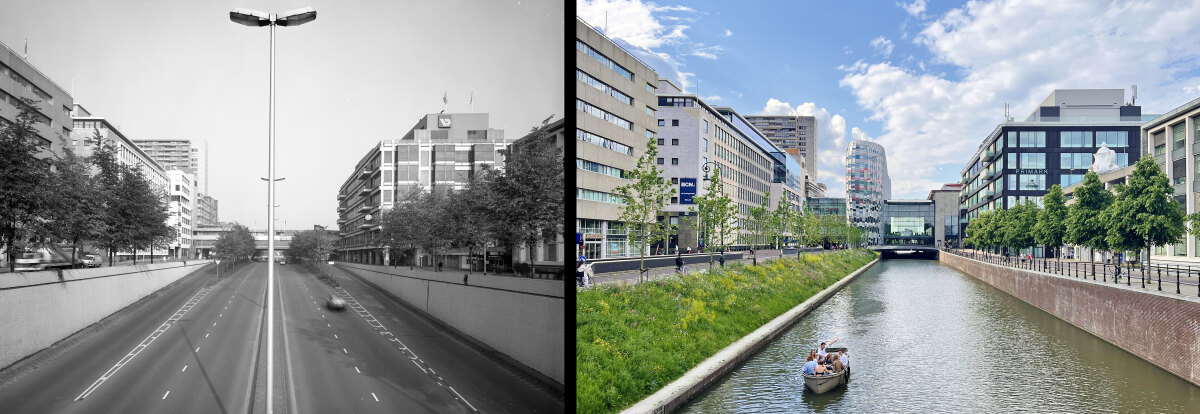 De gedempte en in ere herstelde Catharijnesingel, gefotografeerd in 1988 en door Edwin Lucas in 2024.
