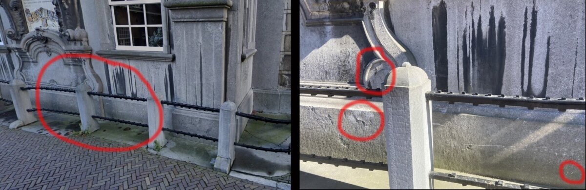 Links: de plek voor het gebouw Fundatie van Renswoude waar de meisjes stonden (bewerkte schermprint van Google Maps). Rechts: de details die in 2022 te zien zijn en die ook op de foto in juni 1942 te zien zijn (foto Jim Terlingen)