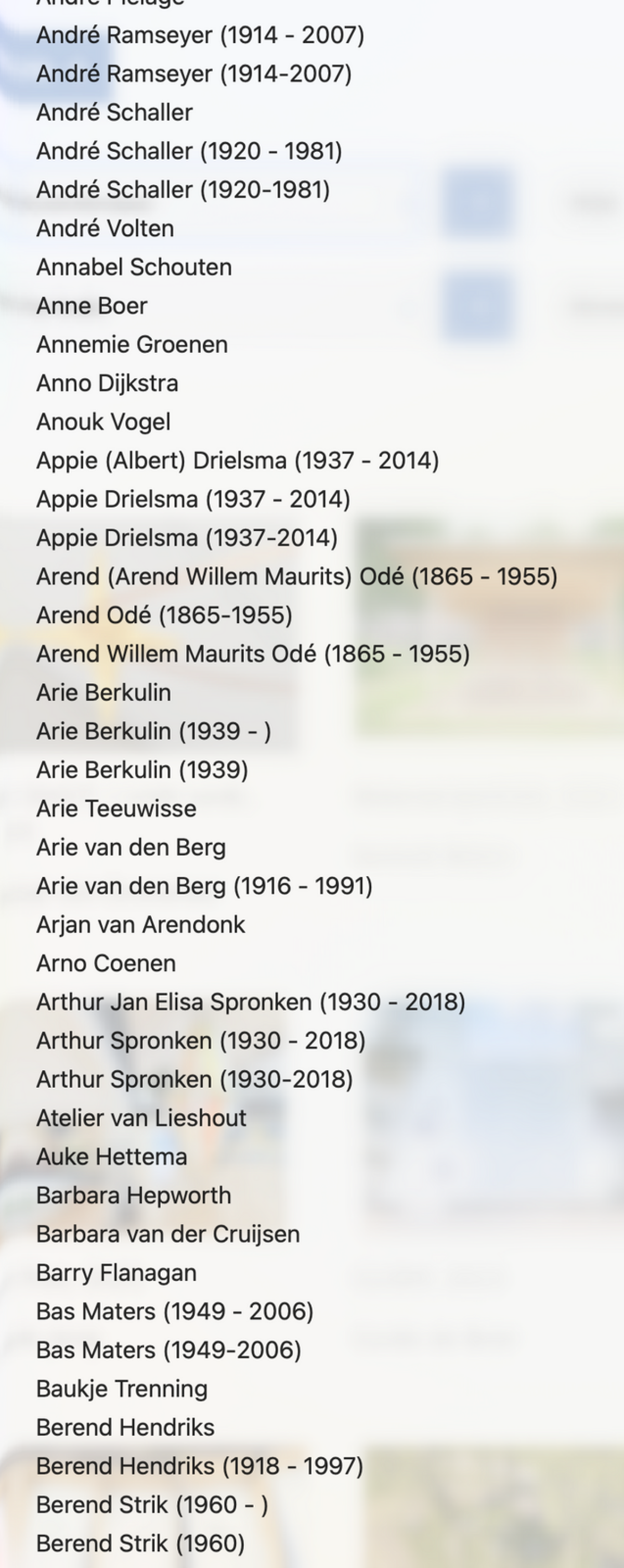 Een greep uit de lijst kunstenaars op de website Kunst in de Openbare Ruimte Utrecht