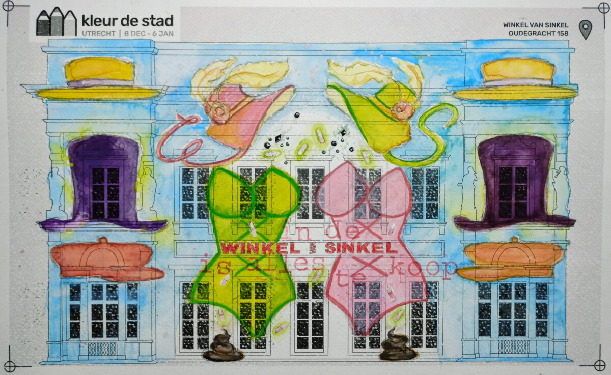 Een door kunstenares Elsbeth Muilwijk ingestuurde tekening voor de Winkel van Sinkel (187/201), gebaseerd op het rijmpje: 'In de winkel van Sinkel is alles te koop - hoeden en petten en damescorsetten - drop om te snoepen en pillen om te poepen'.