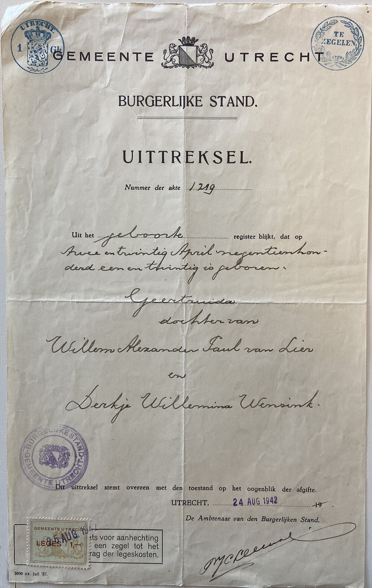 Kopie van de geboorteakte van Truus van Lier, 1942, HUA (klik erop voor een vergroting).