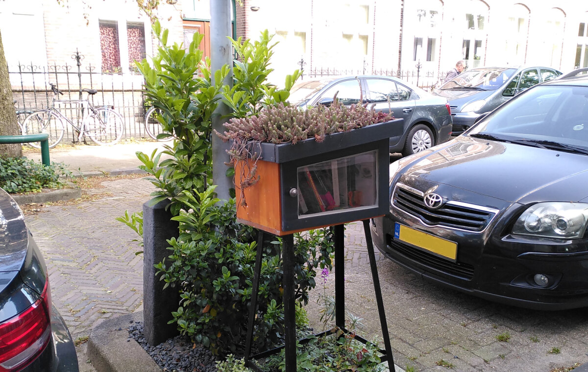 Een bijzonder boekenkastje in de Grave van Solmsstraat. Foto: Doete Regts