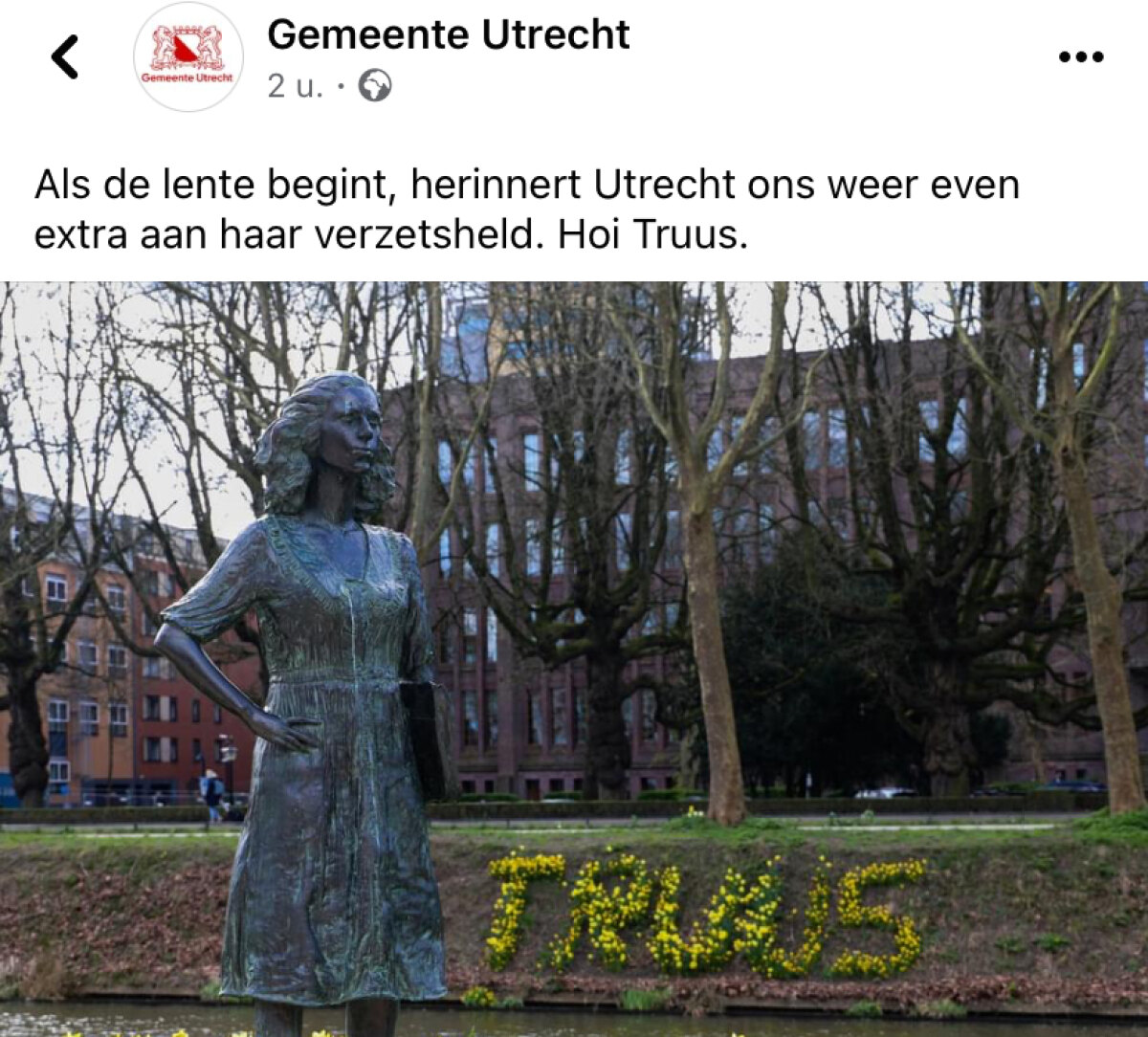 Een 'post' van Facebook van de gemeente Utrecht