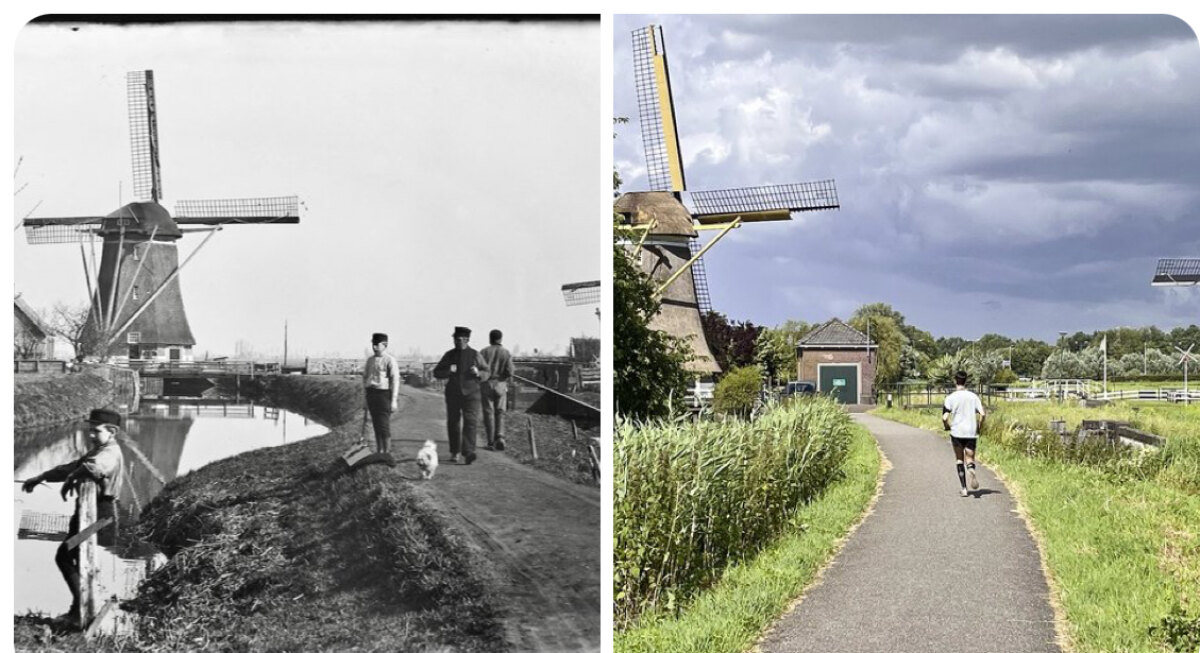 Molens aan de Vecht in Oud-Zuilen, even buiten Utrecht, gefotografeerd door Jacob Olie op 27 maart 1894 (Stadsarchief Amsterdam) en door Edwin Lucas in de zomer van 2024.