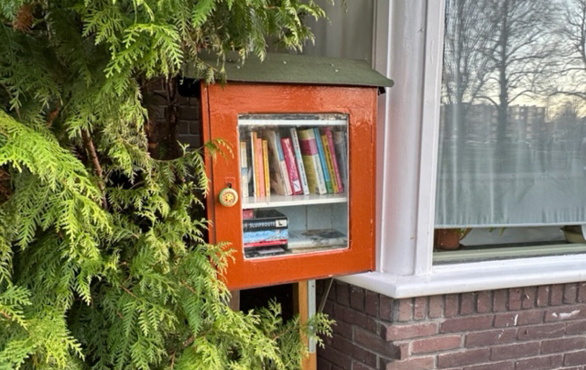 De kleurrijke minibieb bij woning Prinses Beatrixlaan 29-31. Foto: Dik Binnendijk