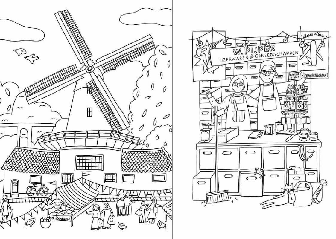 Molen de Ster en gereedschappenzaak Pijper. Afbeeldingen uit 'Utrecht Kleurboek'