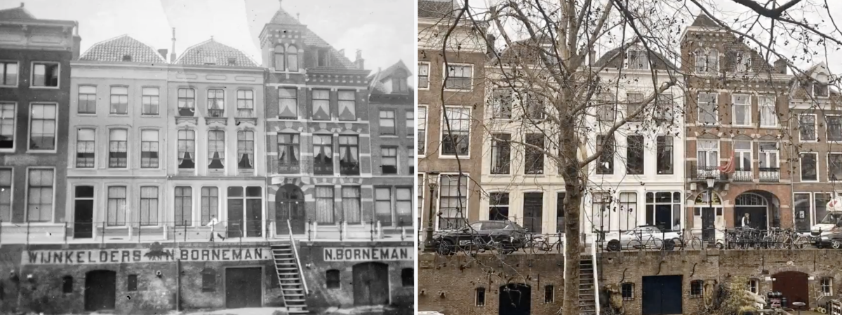 Oudegracht 341-351, gefotografeerd in 1905 en door Edwin Lucas in 2024