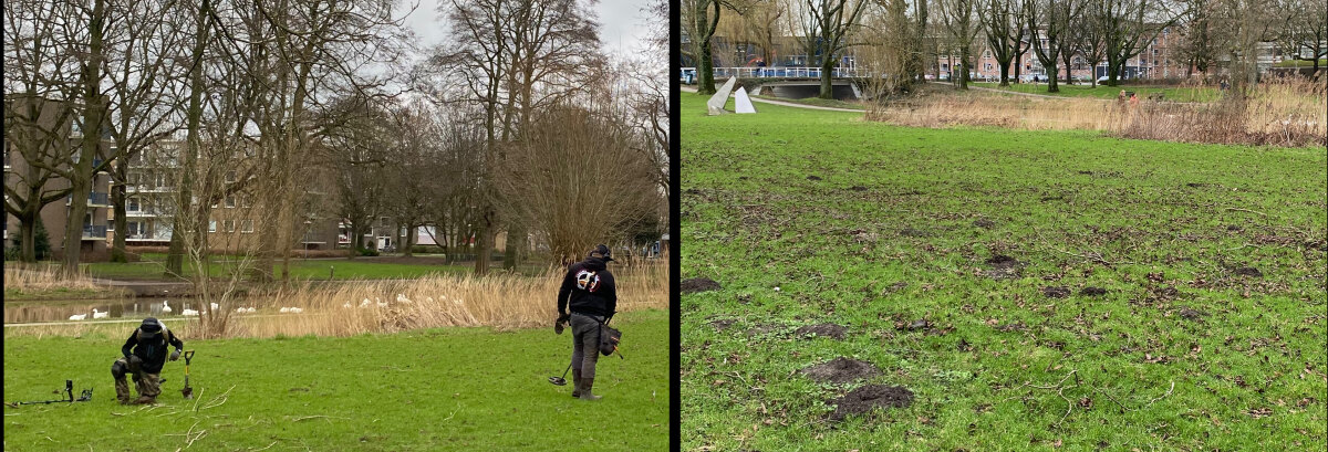 Links: mannen in zwarte kledij met hun metaaldetectors. Rechts: de gevolgen