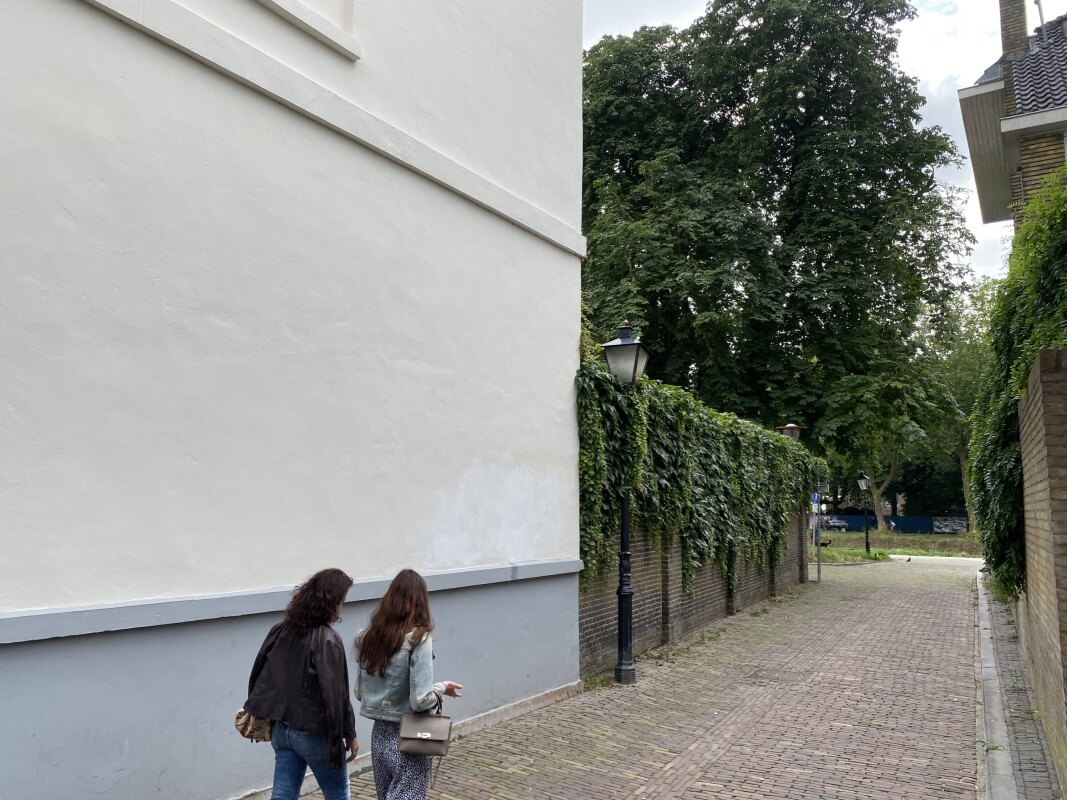 De muur (links) in de Walsteeg waarop het gedicht komt te staan. Achteraan de Catharijesingel. Foto: JT