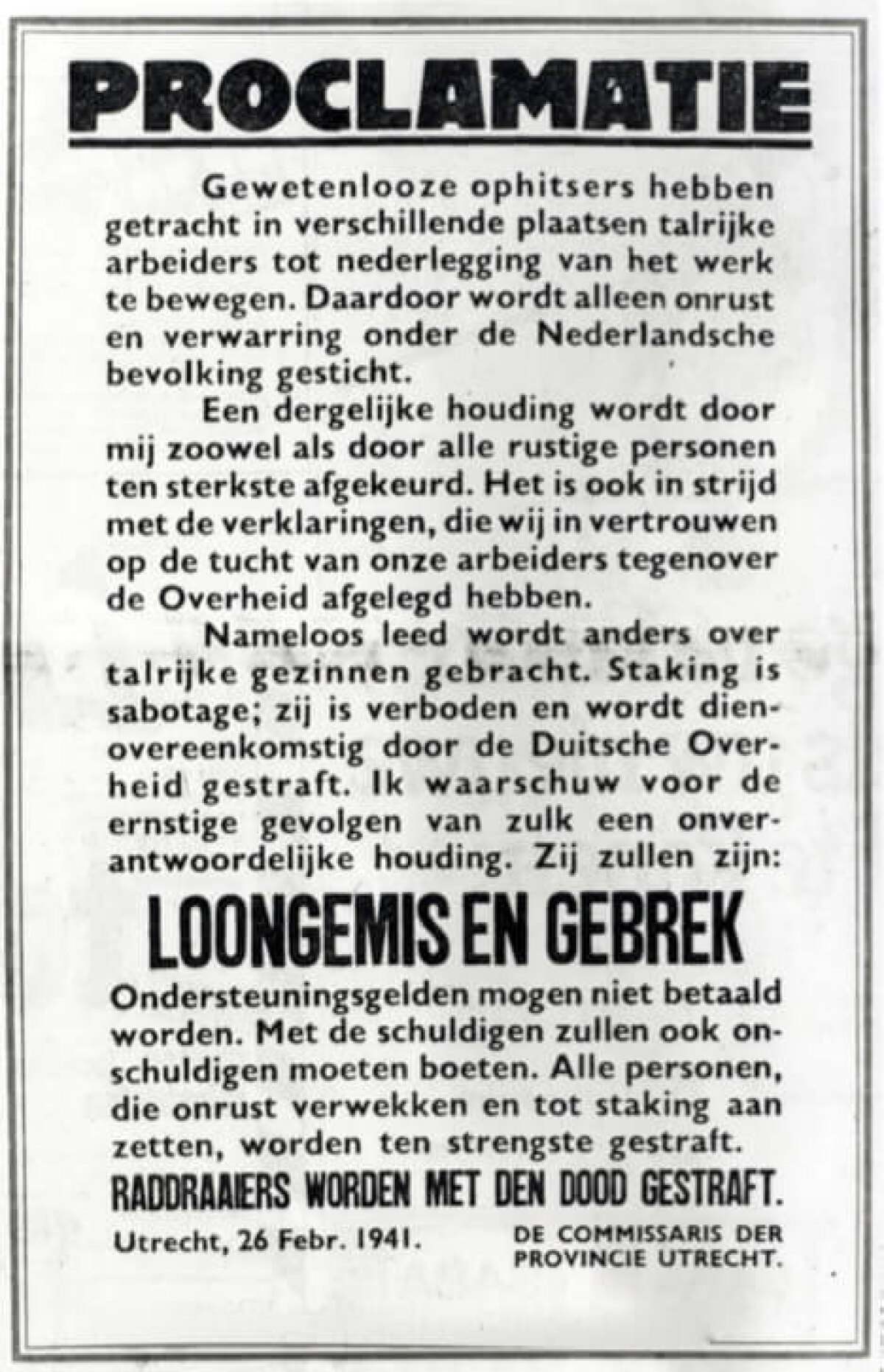 Proclamatie, 26 februari 1941. Foto: HUA
