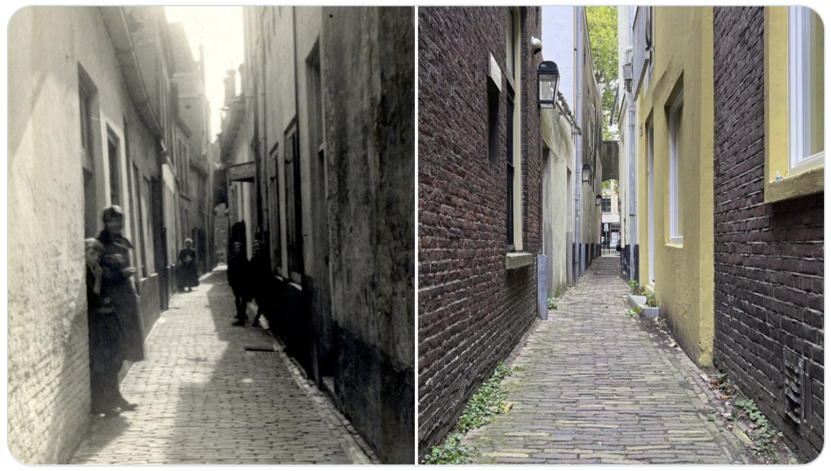 De Reguliersteeg, gefotografeerd in 1925 en door Edwin Lucas in 2023