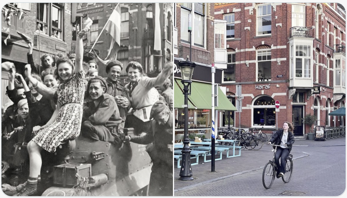 De Korte Jansstraat, gefotografeerd in mei 1945 en door Edwin Lucas in mei 2025.