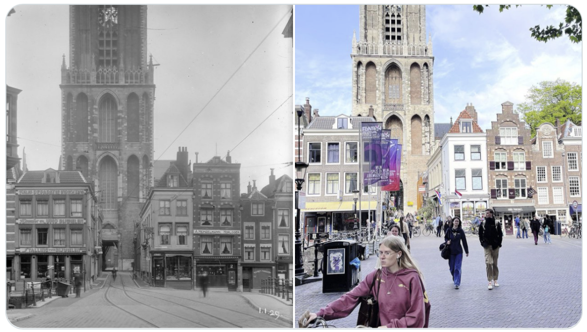 De Maartensbrug en de Domtoren, gefotografeerd in 1929 en door Edwin Lucas in 2025.
