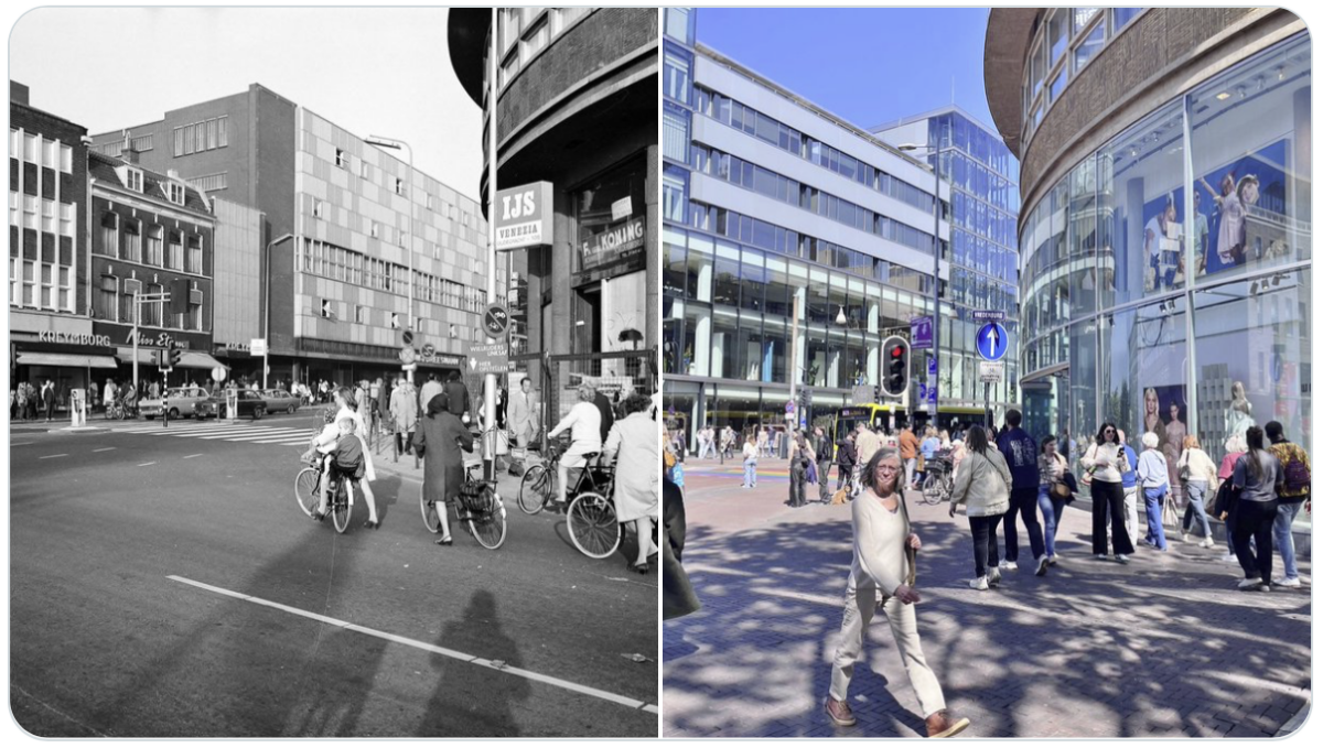 Het Vredenburg en de Lange Viestraat, gefotografeerd in 1972 en door Edwin Lucas in 2025.