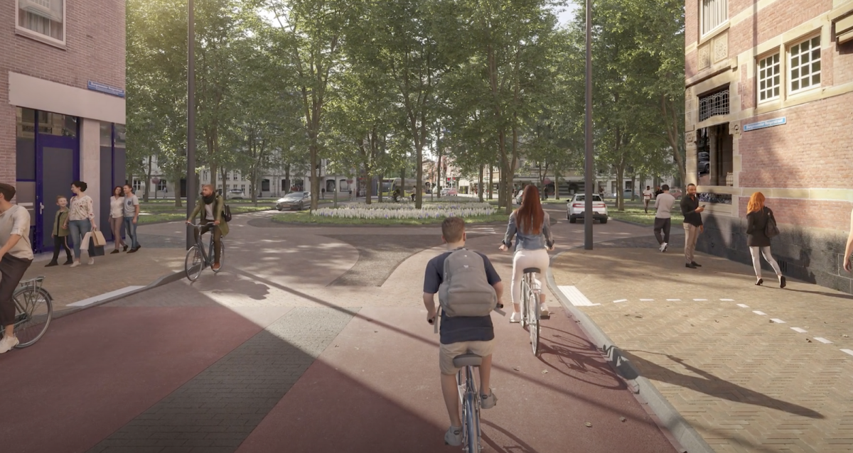 Impressie: zo ziet de kruising er in de toekomst uit, gezien vanaf de Burg. Reigerstraat. De stoplichten zijn verdwenen.