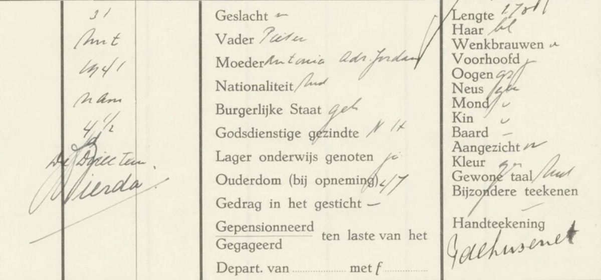 Aantekening van de vrijlating op 31 maart 1941. Uit het strafregister Huis van Bewaring op de Gansstraat