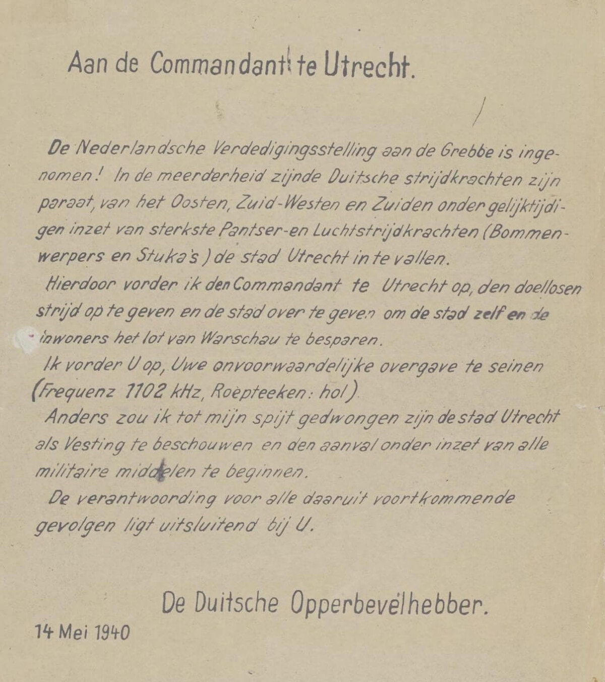 Het strooibiljet. Afbeelding NIOD