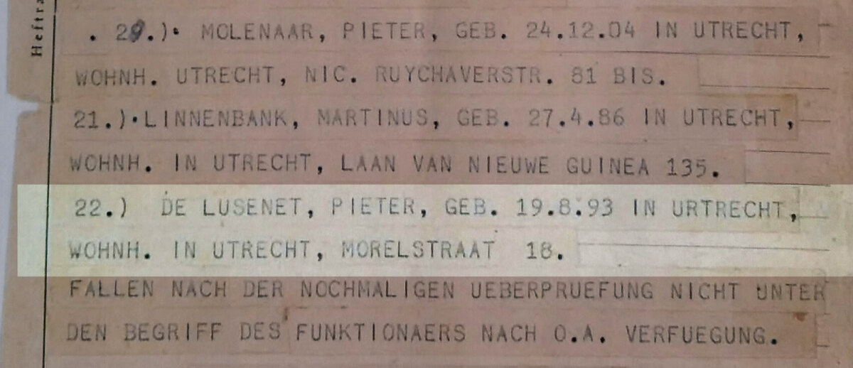 Deel van het arrestatietelegram. Daarop stonden 26 namen van Utrechters, merendeels communisten en andere linkse mensen, 25 mannen en een vrouw, die in de nacht van 24 op 25 juni 1941 in Utrecht zijn gearresteerd en overgebracht naar Kamp Schoorl. Van hen zijn er uiteindelijk 21 in Duitse concentratiekampen terechtgekomen. Zeventien hebben het niet overleefd.