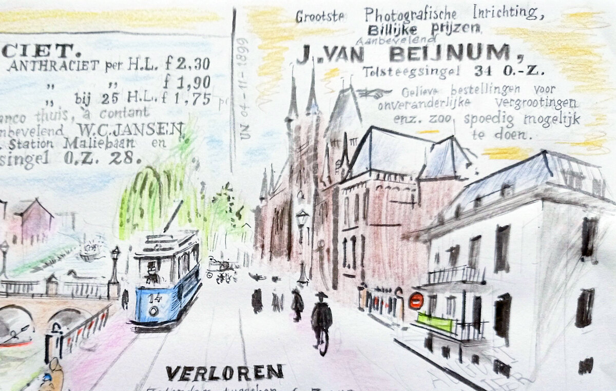 Uitsnede van de tekening 'Tolsteegsingel' van Jos Peeters