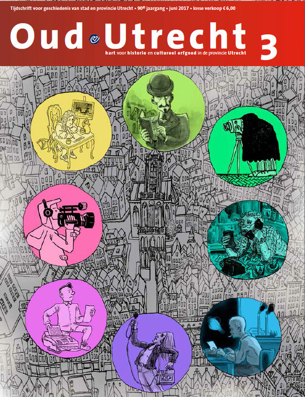 De voorpagina van tijdschrift Oud Utrecht met als thema de Utrechtse media. Tekening: Stripcollectief De Inktpot