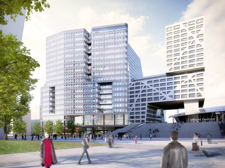 Een toekomstvisie van het WTC-gebouw op het Jaarbeursplein. Op de plek van de boom komt ook een kantoorgebouw.