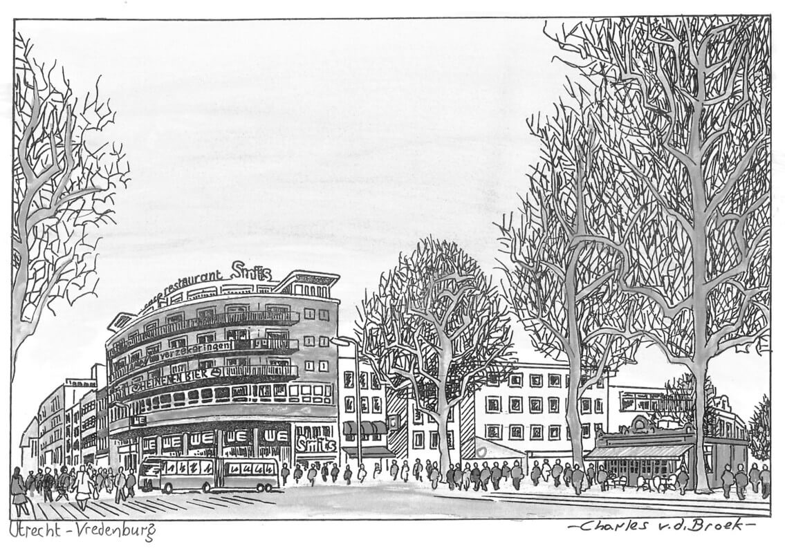 De poffertjeskraam (rechts) op het Vredenburg. Tekening: Charles van de Broek