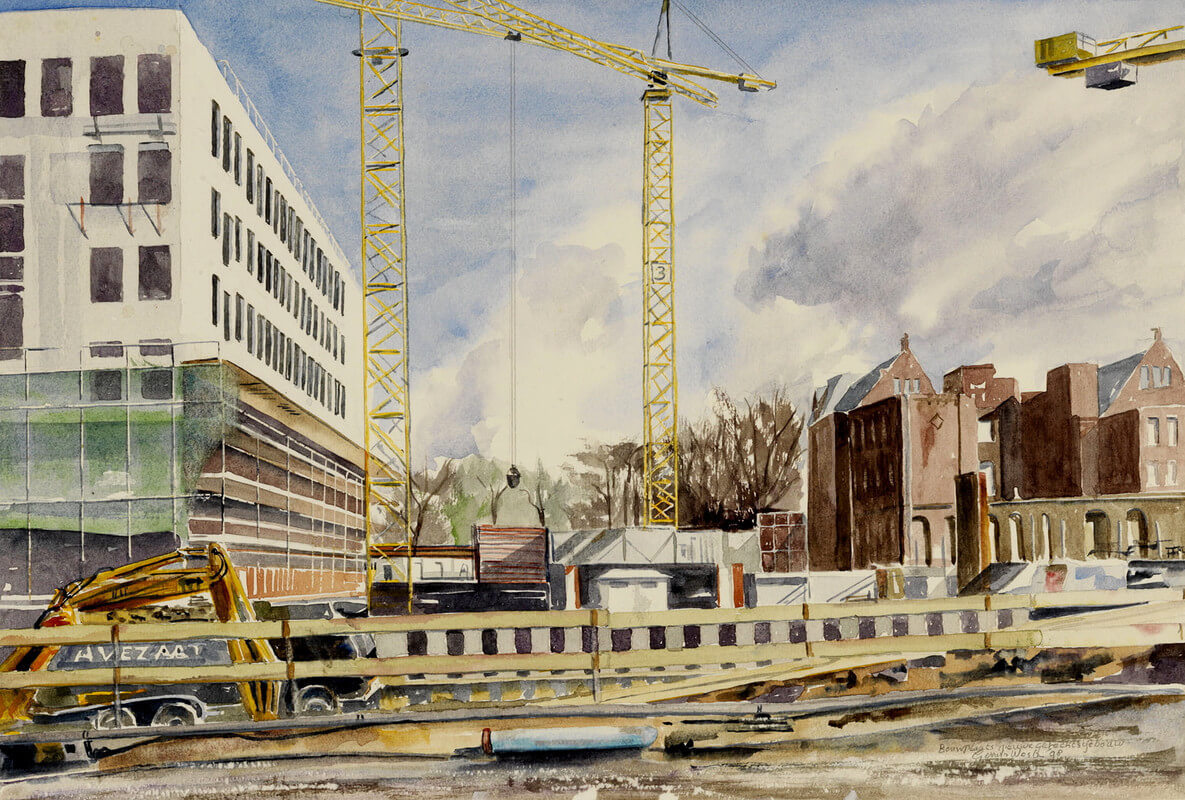 Bouw van de nieuwe rechtbank in Utrecht (1991). Illustratie G. van Westen