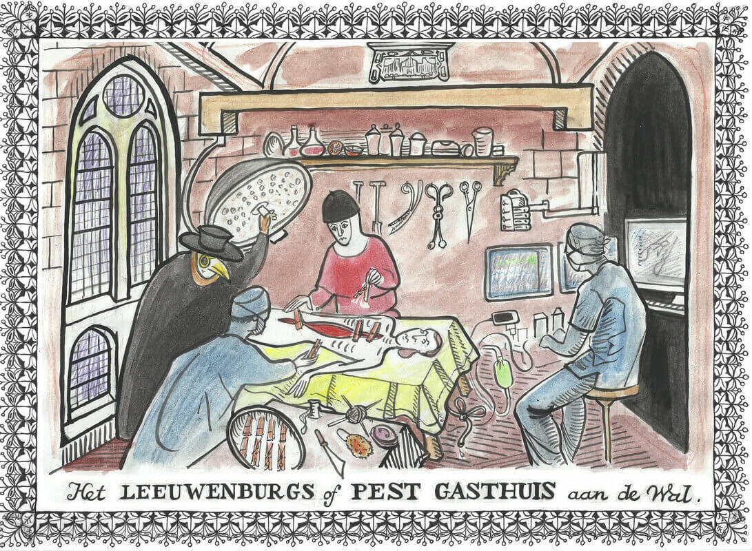 Het Leeuwenburgs of Pest Gasthuis aan de Wal. Illustratie: Jos Peeters