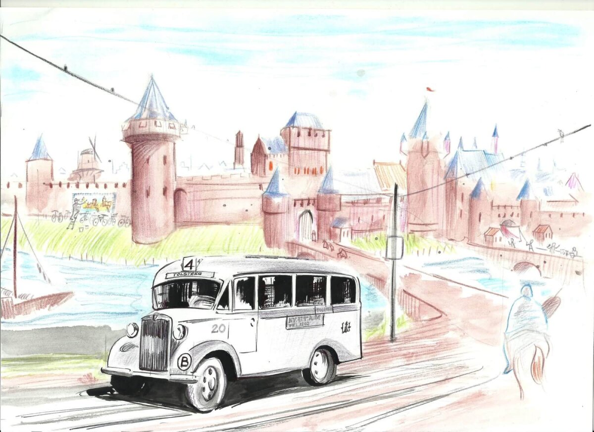 De Tolsteegbus, met de op de achtergrond een middeleeuws beeld van de Tolsteegpoort. Illustratie: Jos Peeters