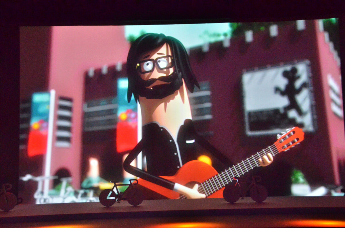 Blaudzun in de animatiefilm Bon Voyage op een groot scherm in Parijs. Foto: J. Wielaert