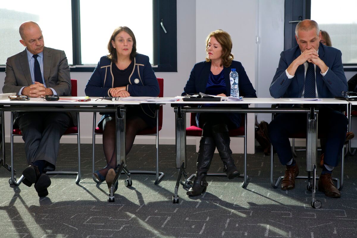 Directeur Frans Vreeke, wethouder Jongerius, woordvoerder Borgman en wethouder Everhardt tijdens de presentatie van tussenrapportage TivoliVredenburg. Foto: Ton van den Berg