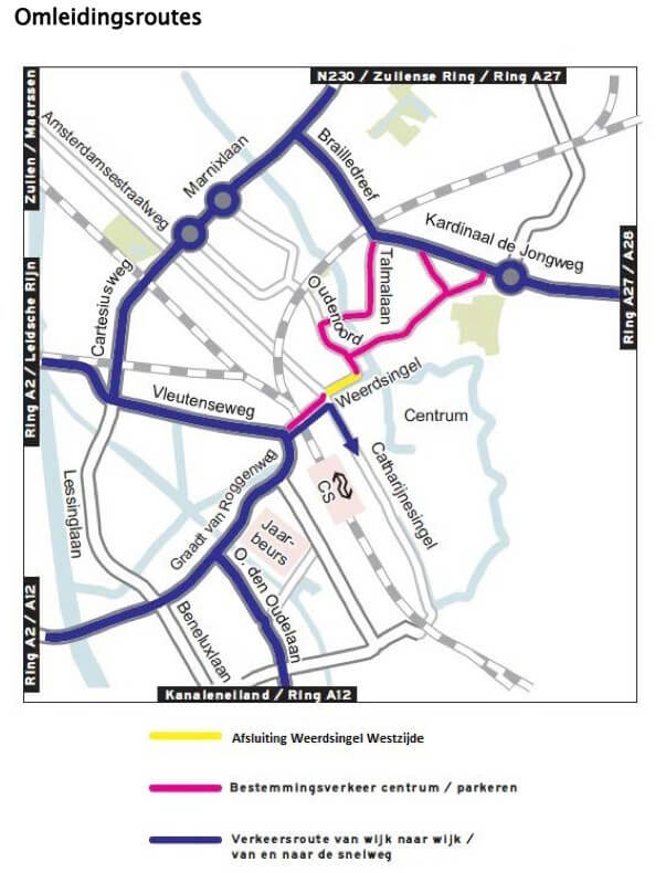 De routewijzer met alternatieven tijdens de afsluiting van de Weerdsingel WZ. Illustratie gemeente Utrecht