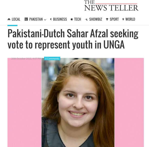 Winnaar VN-jongerenvertegenwoordiger Sahar Afzal in de Pakistaanse media.