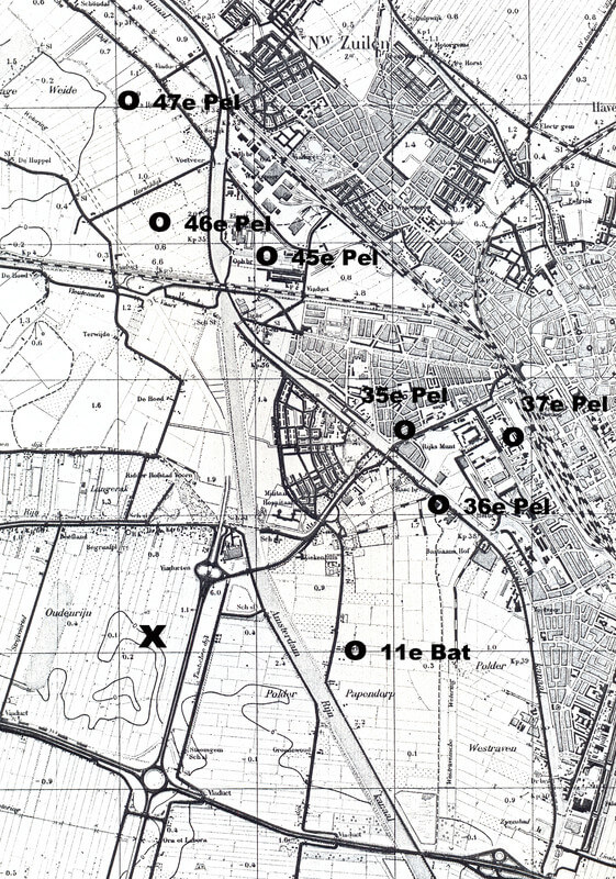 Een kaart met de locaties van het luchtafweergeschut aan de westkant van Utrecht. Foto: Historische Vereniging Vleuten-De Meern