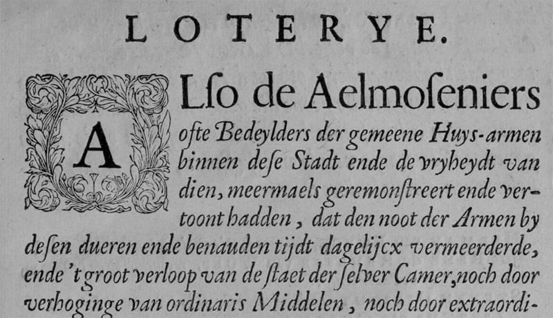Eerste pagina van het boekje 'Loterije voor de Aelmoezenierscamer' 1650